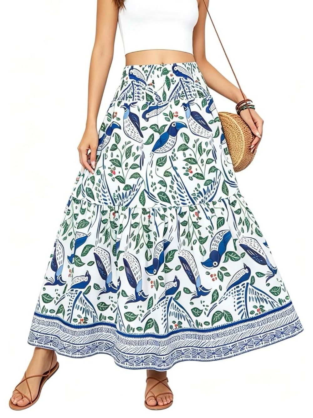 Blue and White Tiered Maxi Skirt with Bird Print